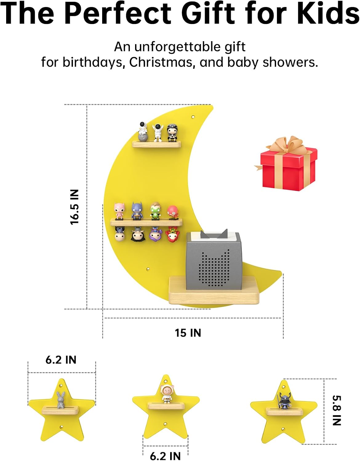 vhbw Yellow Crescent Moon Wall Shelf, Compatible with Toniebox Systems - Floating Kids Nursery Display Shelf for Story Figures, Small Books, Toys & Keepsakes - Playroom Bedroom Storage Organizer