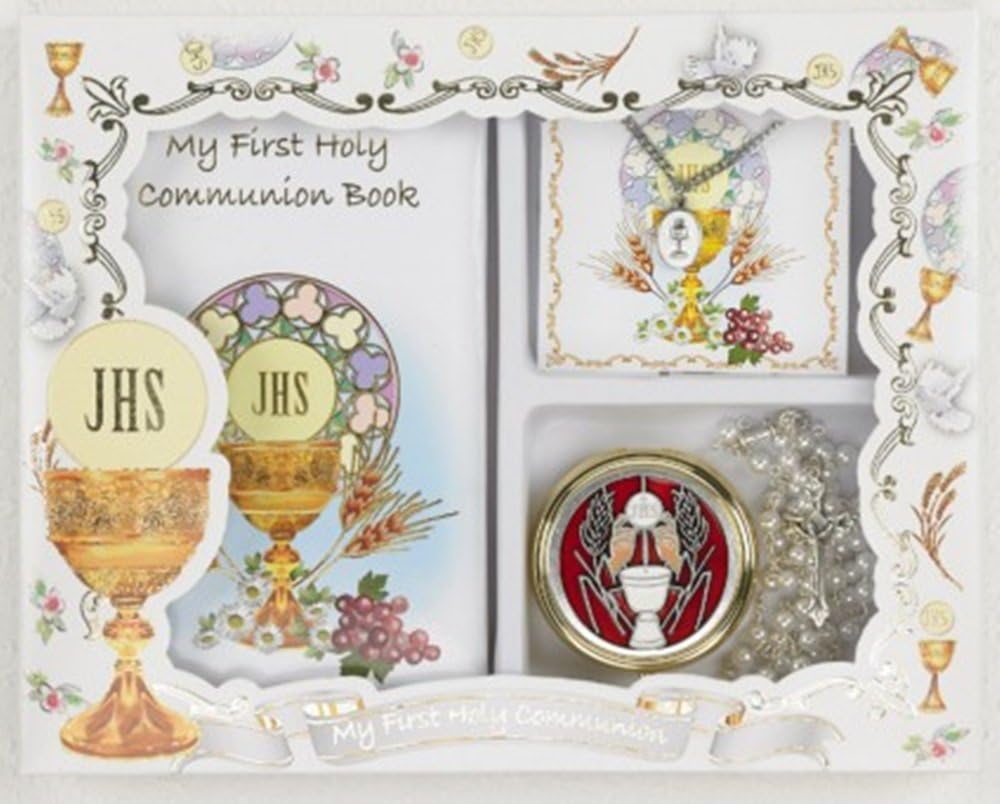 My First Holy Communion Girls Gift Set with Prayer Book, PYX with Rosary, and Chalice Pendant