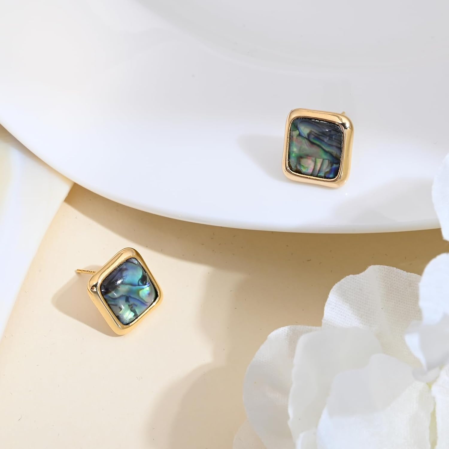 Hypoallergenic Square Abalone Shell Stud Earrings for Women, Vintage Boho Style, 14K Gold Plated Colorful Jewelry with 925 Sterling Silver Post, Gifts for Weddings, Sensitive Ears & Daily Wear - Image 6