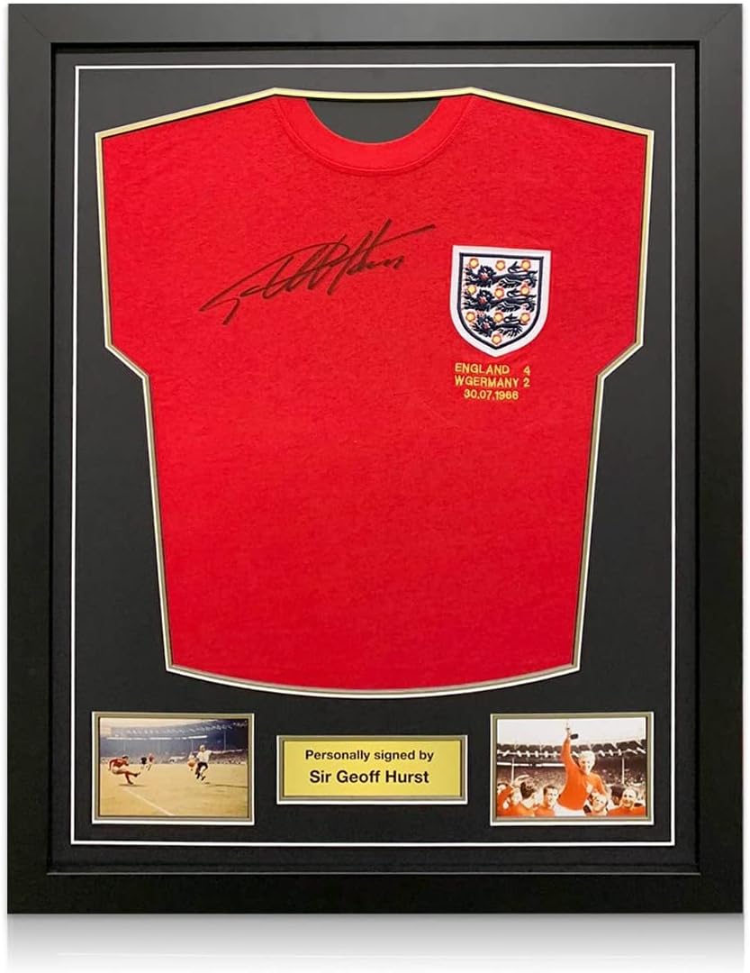 Exclusive Memorabilia Sir Geoff Hurst Signed England 1966 World Cup Football Shirt. Standard Frame