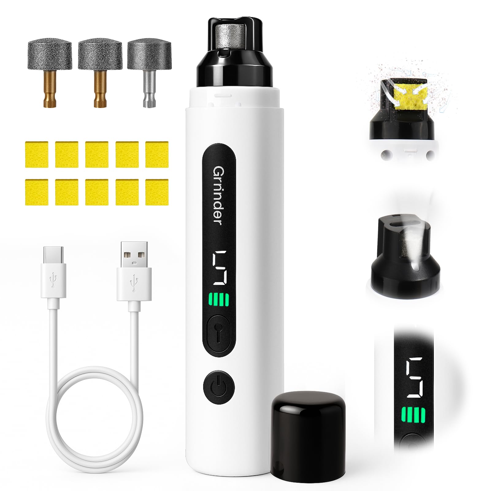 BABORUI Dog Nail Grinder Quiet, 5-Speed Pet Nail Grinder with Cooling Sponge & 3 Grinding Heads for Large Medium Small Dogs/Cats, Rechargeable Nail Trimmer with LED Light, Paws Grooming Smoothing Tool