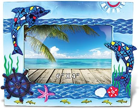 Puzzled Resin Blue Dolphin Mosaic Picture Frame, 6 X 4 Inch Sculptural Photo Holder Intricate & Meticulous Detailing Art Handcrafted Tabletop Accent Accessory Tropical Beach Themed Home Décor