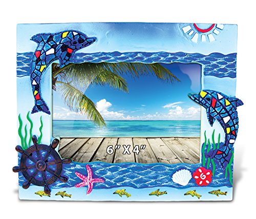 Puzzled Resin Blue Dolphin Mosaic Picture Frame, 6 X 4 Inch Sculptural Photo Holder Intricate & Meticulous Detailing Art Handcrafted Tabletop Accent Accessory Tropical Beach Themed Home Décor Puzzled Resin Blue Dolphin Mosaic Picture Frame, 6 X 4 Inch Sculptural Photo Holder Intricate & Meticulous Detailing Art Handcrafted Tabletop Accent Accessory Tropical Beach Themed Home Décor