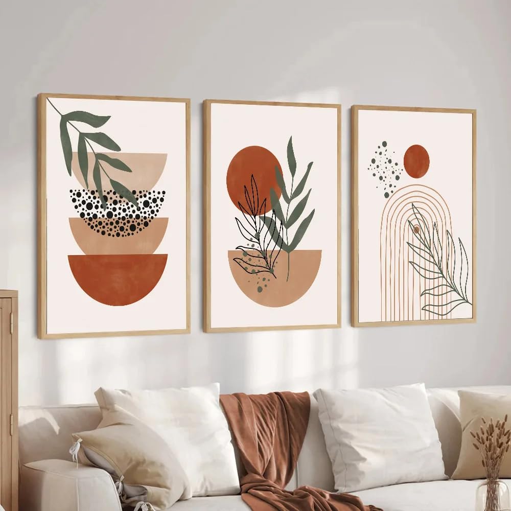 WBYZAC Botanical Posters-Terracotta Boho Abstract Wall Art Poster Geometry Botanical Leaf Painting Mid Century Style Canvas Print Living Room Kitchen Home Decor-60 * 70cm*3PCS (No Frame)