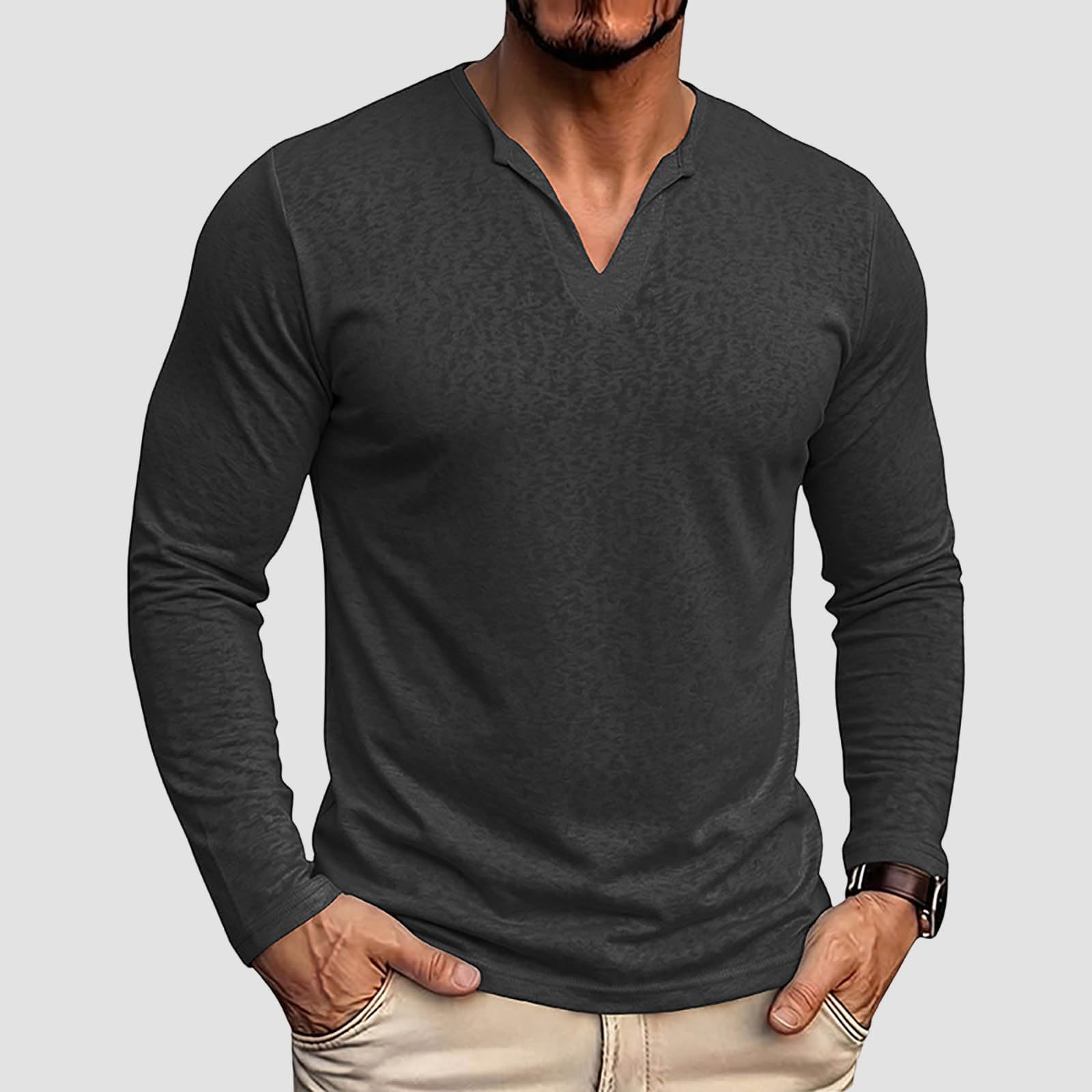 T-Shirt à Manches Longues Homme écru col en V Ouvert, Tissu léger Coupe ajustée, modèle Basique Polyvalent pour Quotidien et mi-Saison