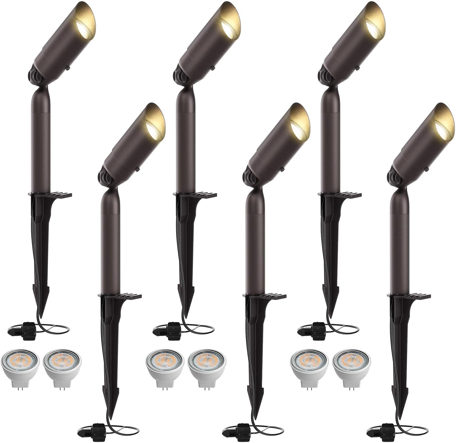 Outdoor Low Voltage Landscape Lighting - 12V Cast Aluminum Spot Lights with 5W 3000K Warm White LED Bulb Waterproof Spotlights Uplights with Wired Connectors for Yard Pathway Garden Tree Wall , 6 Pack