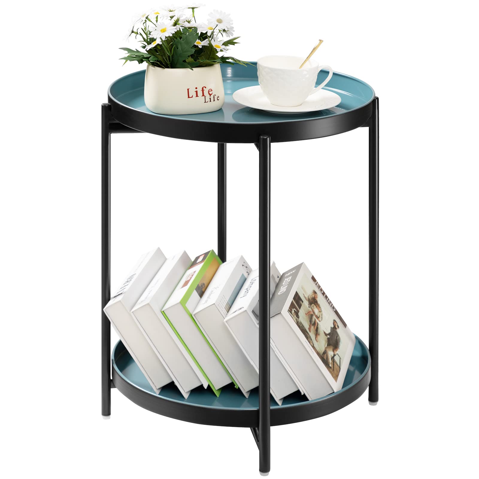 TeoKJ 2 Tier Round Side Table, Folding Black Metal End Tables Small Nightstand Accent Table with Two Removable Tray for Bedroom Living Room Bedside Small Spaces Blue + Black