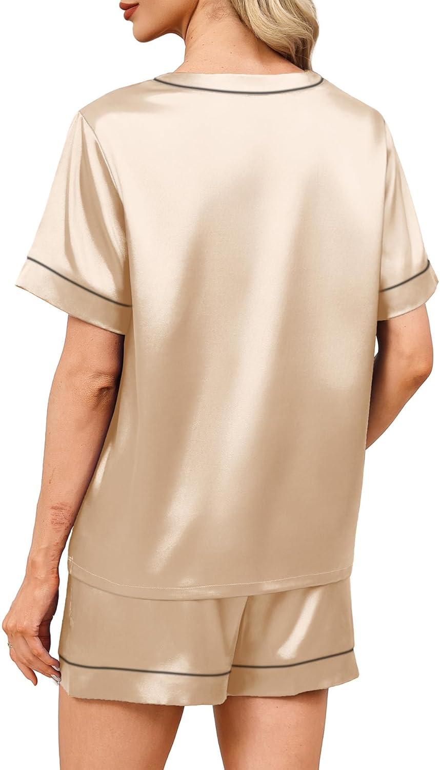 WIHOLL Lounge Sets for Women 2 Piece Summer Resort Wear Short Sleeve Loungewear Satin Pjs Shorts Set - Image 5