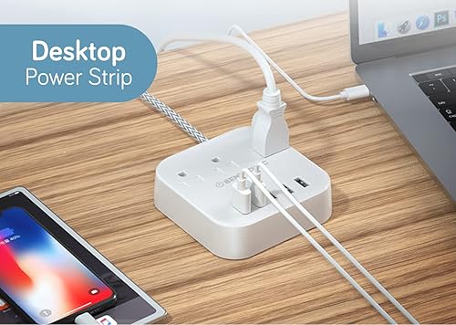 Miniatura 2 de Regleta de alimentación con USB C, 5 puertos USB (25 W5 A), obturador seguro, estación de carga rápida de escritorio, cable de extensión trenzado de