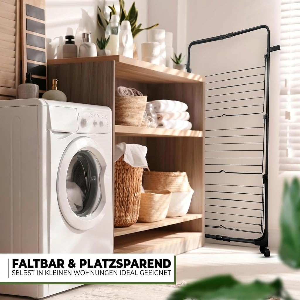 STAHLMANN® Wäscheständer Turm [30 m Trockenfläche] – Turmwäscheständer [3 Etagen] – Wäschesturm [mit Rollen] – platzsparender Wäscheständer in Schwarz
