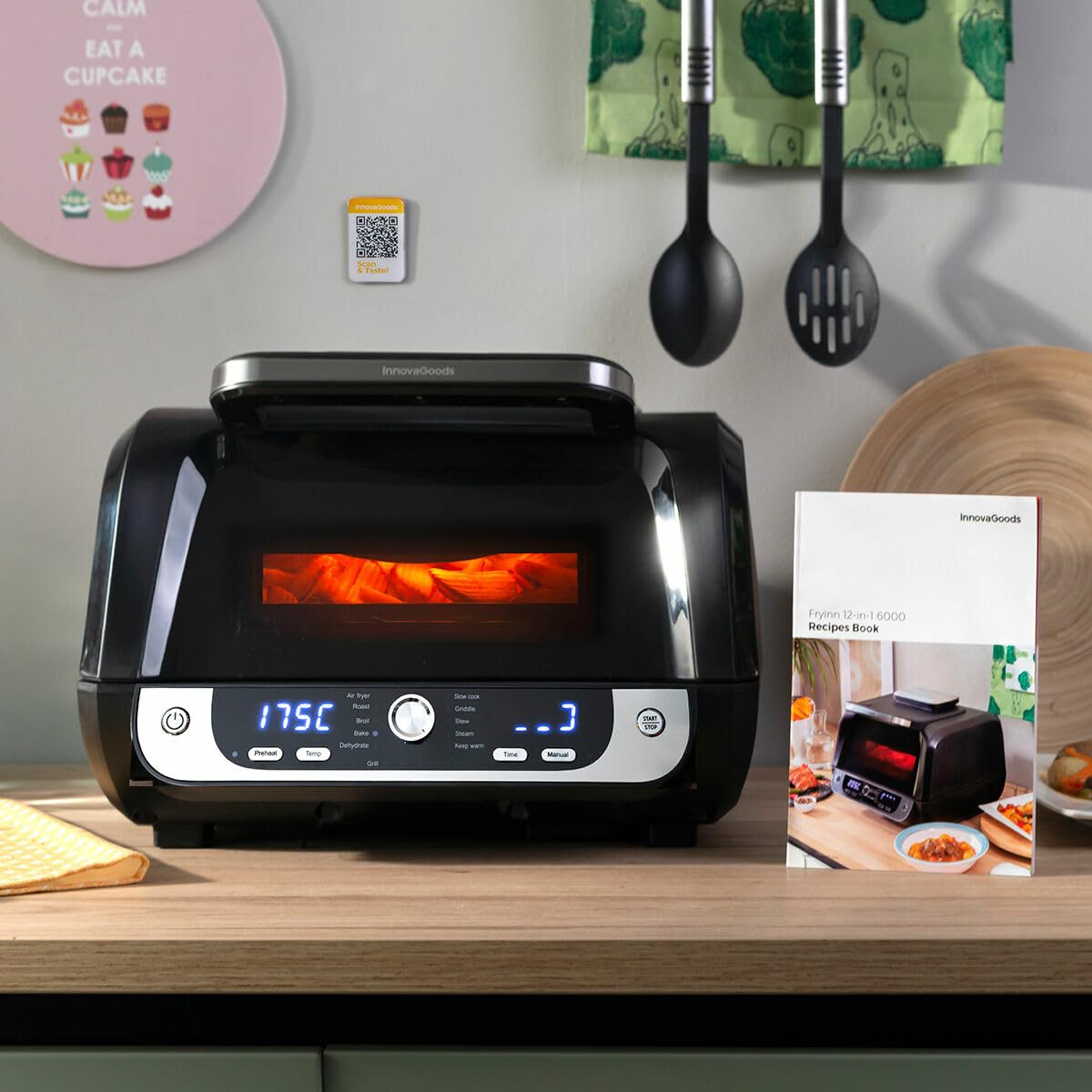 InnovaGoods - Friggitrice ad Aria 12-in-1 Fryinn 6000, Cucina Sana e Veloce 6L 3400W, 12 Programmi con Display Digitale, Accessori Lavabili, Nero, Acciaio inossidabile