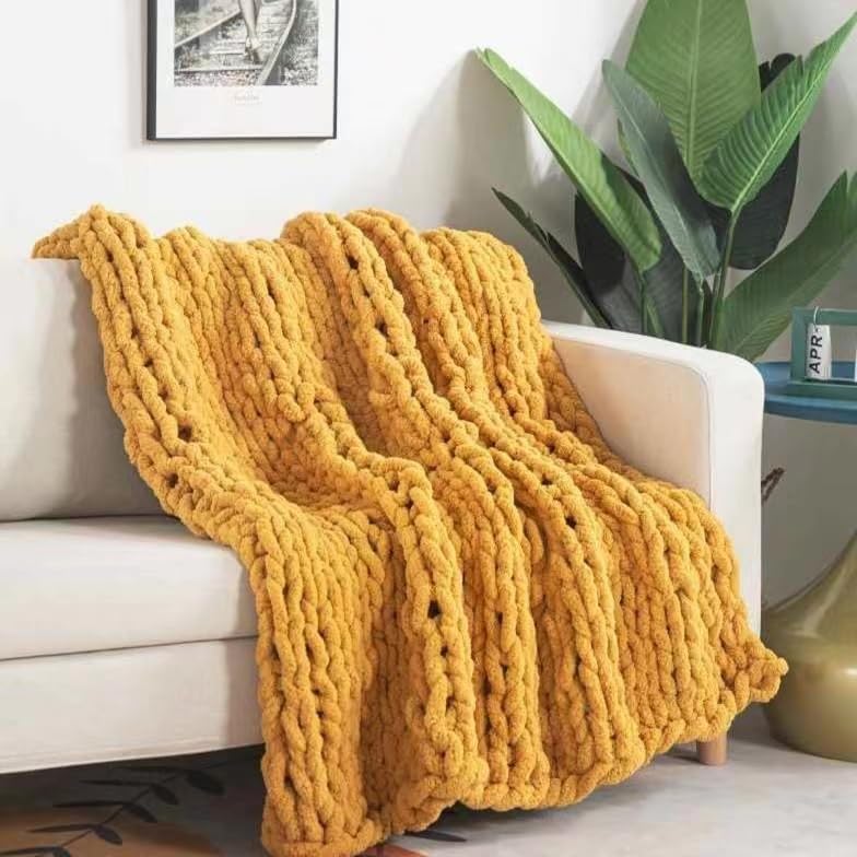 Chunky Knit Blanket Throw 40"×40", Hand Knitted Warm Chenille Throw Blanket, Home Decor Soft Thick Yarn Cable Knit Blanket,Soft Breathable Fleece Banket Christmas for Couch Bed Sofa Best Gift (Yellow) - Image 2