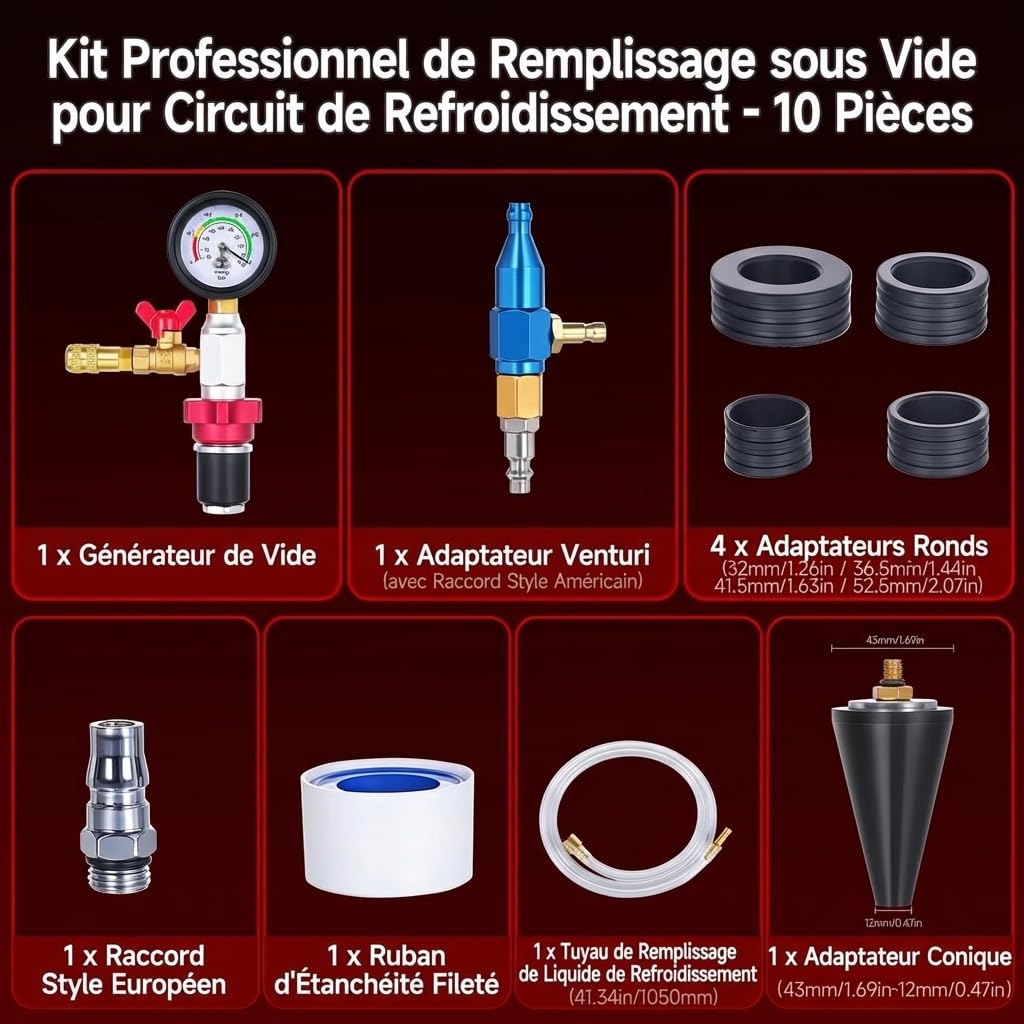 BILITOOLS Kit de Remplissage sous Vide pour Liquide de Refroidissement 10 Pièces, Outil de Dégazage Rapide pour la Purge et Le Remplissage du Circuit de Refroidissement