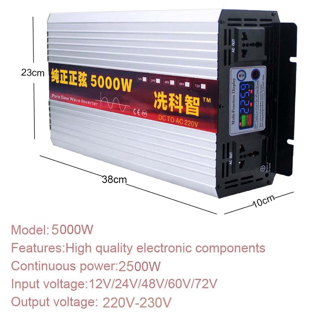 Przetwornica NapięCia 5000W, Dc 12V/24V/48V/60V/72V Do Ac 220V/230V, Przetwornica Czystej Fali Sinusoidalnej, Przetwornica Zasilania Samochodu,12V