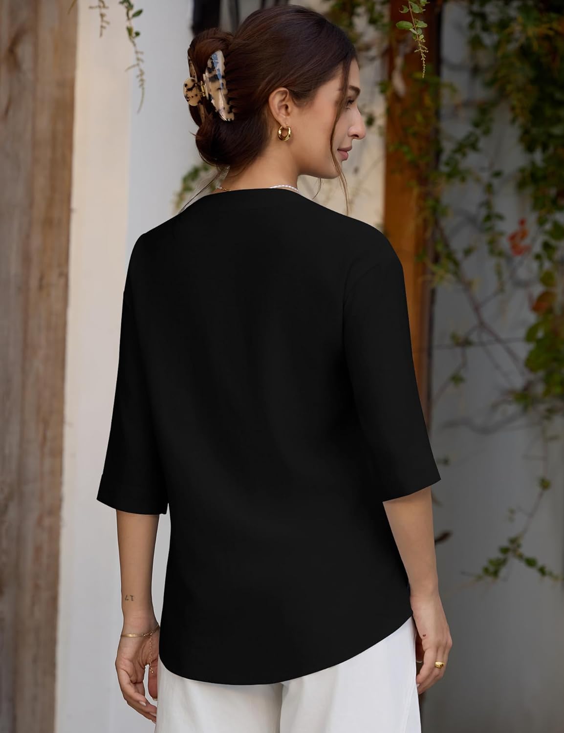 LOMON Women's Button Down Shirts Summer 3/4 Sleeve V Neck Blouses Lightweight Casual Office Work Tops with Pockets - Image 4