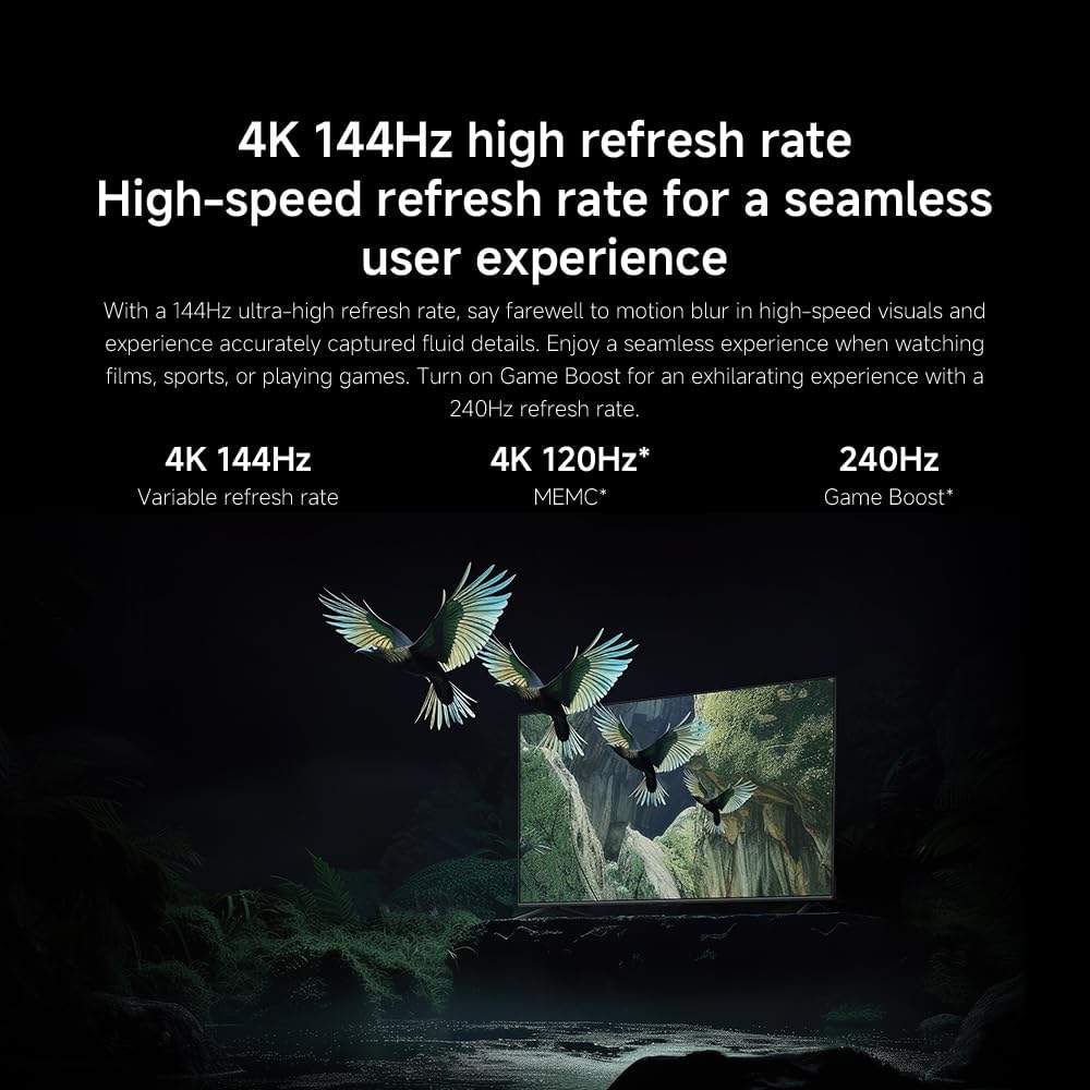 Composite image highlighting key display features: QD-MiniLED, 1200 nits peak brightness, 144Hz refresh rate, Dolby Vision IQ, AI processor, Google TV