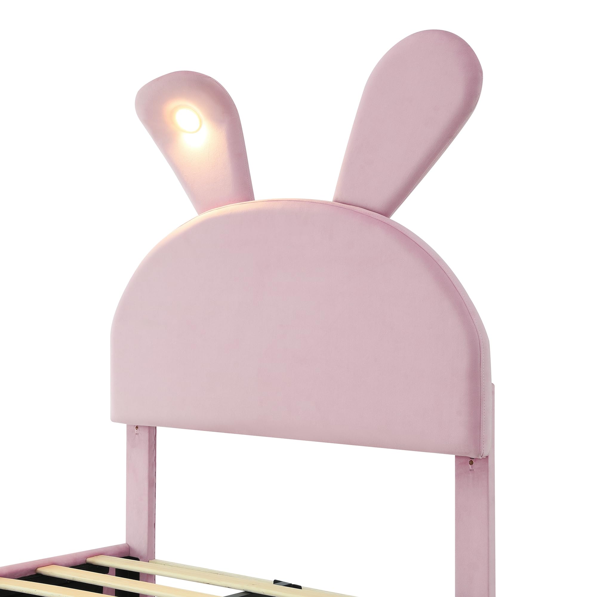 Letto Imbottito per Bambini 90 * 200cm con Due Sgabelli Contenitore, Orecchie di Coniglio con Luce LED, Lettos Singolo con Doghe in Legno, Velluto, Rosa