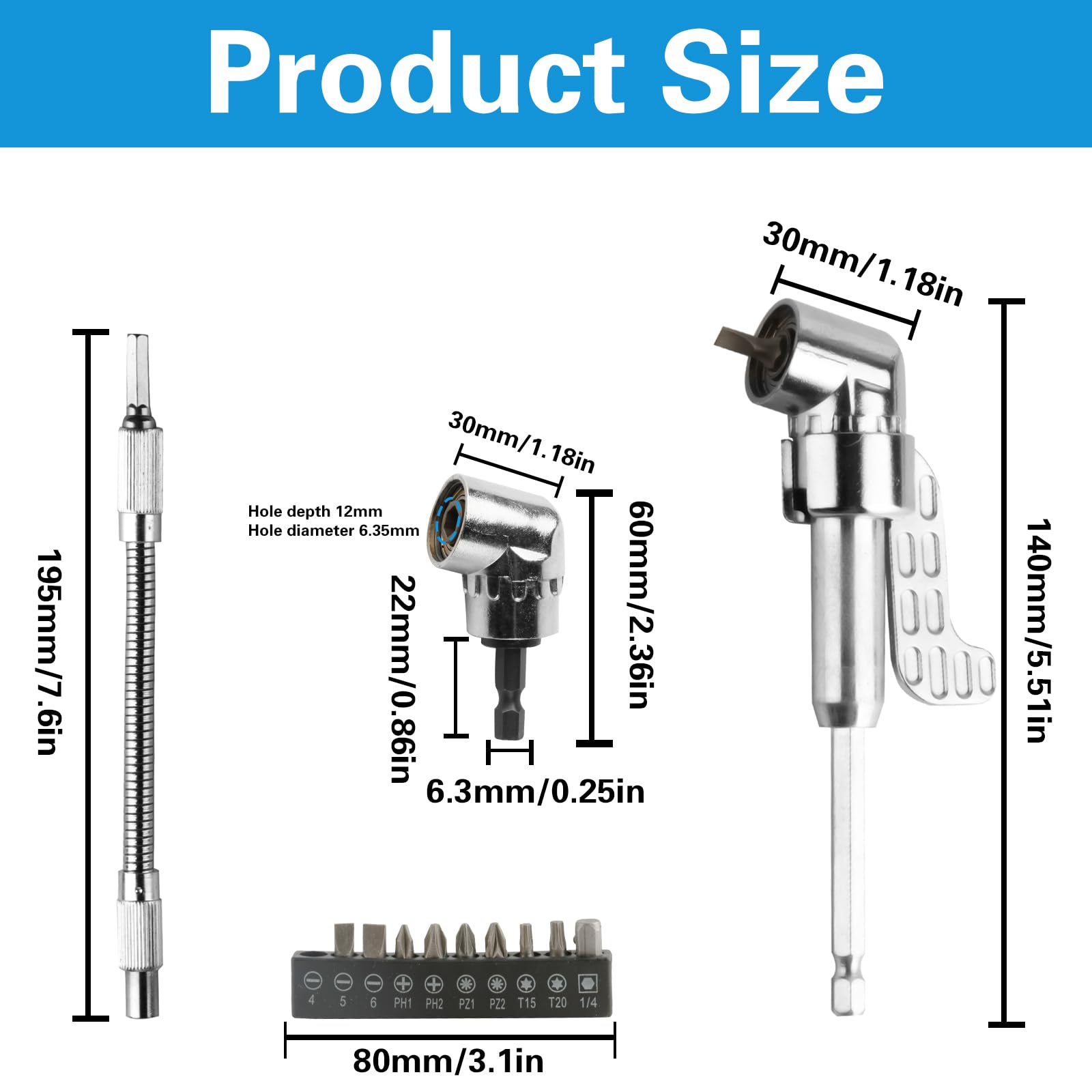 2 fixations pour perceuse à angle droit, 90 degrés 105 degrés à angle droit set d'adaptateurs pour perceuse hexagonale de 1/4 pouce, pour perceuses à piles tournevis (1 court, 1 longue), + 1 barre de