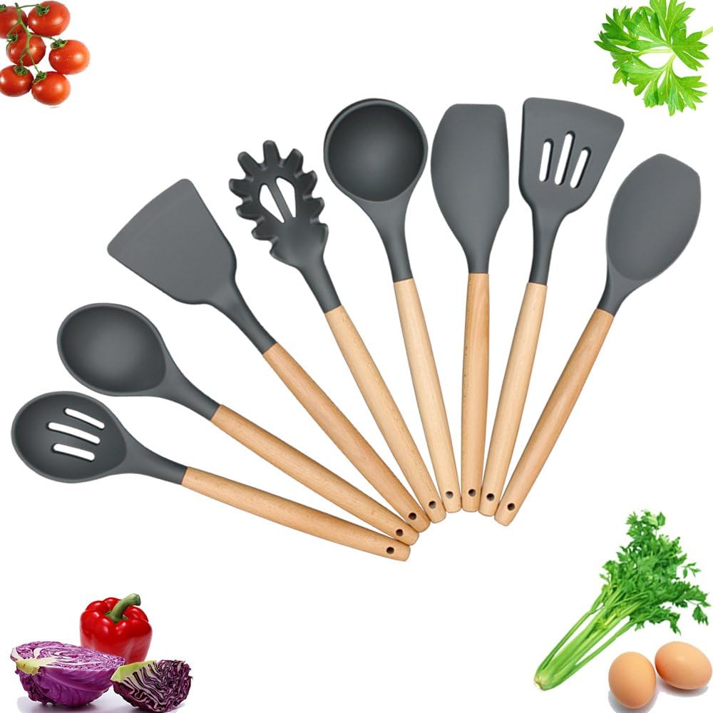 Kitchen Utensil Set - Silicone Cooking Utensils for Nonstick Cookware 8 Piece Kitchen Tool with Wooden Handle - Cooking Spoon - Silicone Spatula Set, BPA Free, Grey