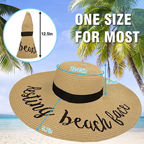 Floppy Beach Hats For Women, Foldable Wide Brim Sun Hat Embroidered Roll Up Straw Hat - Vocation, Honeymoon, Travel, D-Khaki(Resting Beach Face) #TOP2