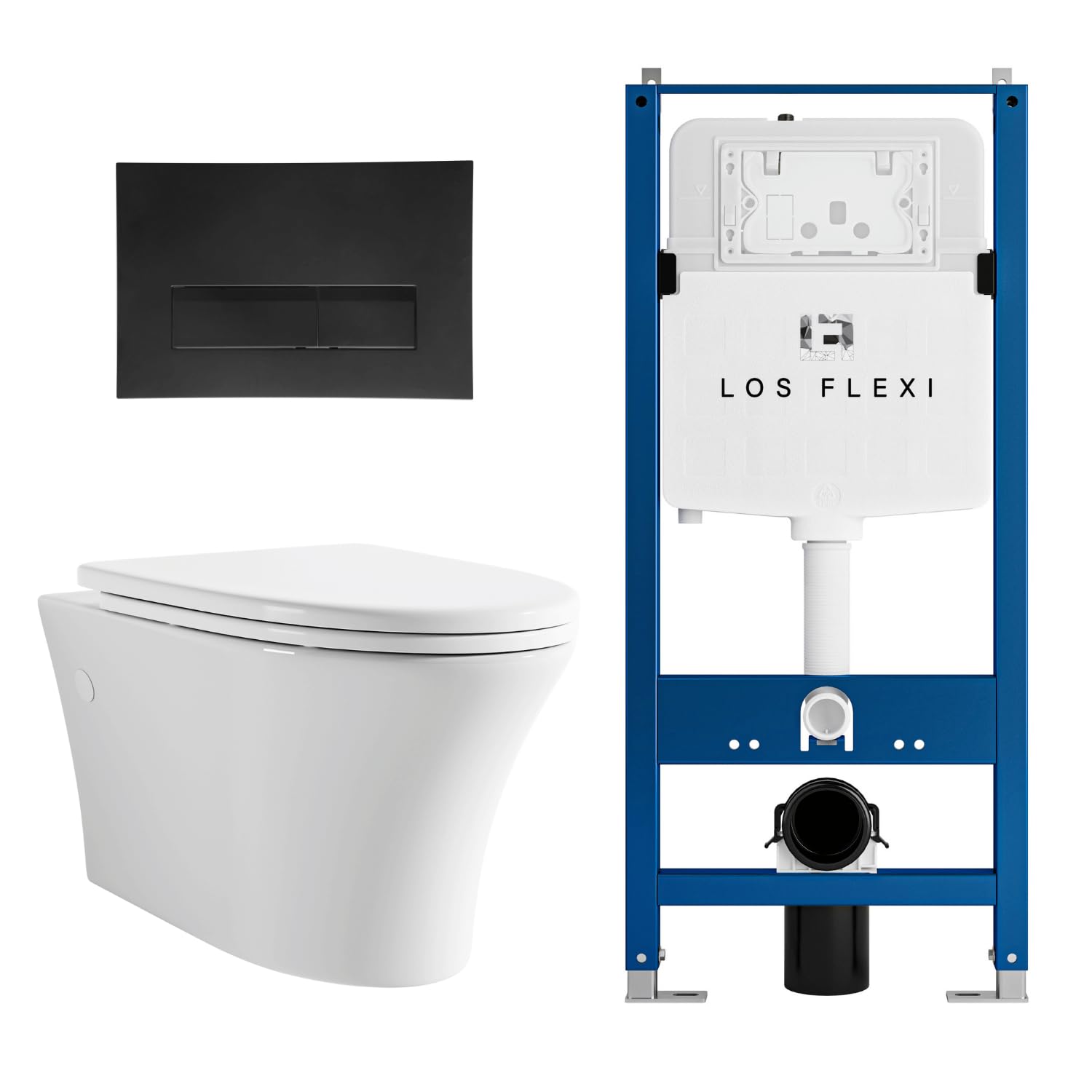 Comfort &amp; Elongated Wall Hung Toilet System, Los Flexi Wall Mounted Toilet with Adjustable Floating Toilet Bowl, Durable In-Wall Toilet Tank Carrier, Soft-Close Seat &amp; Dual-Flush Push Plate Included