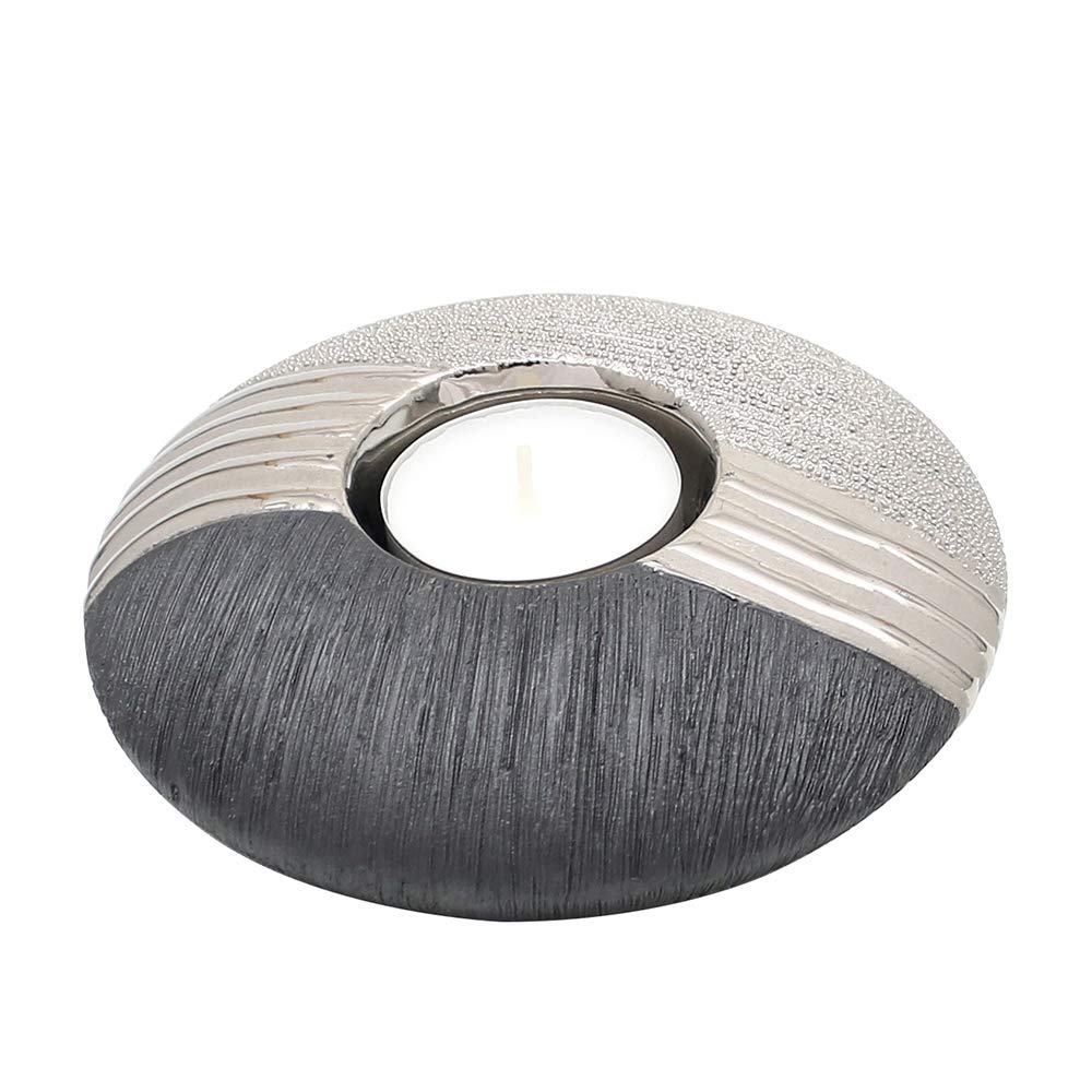 Dekohelden24 Elegant Designer Ceramic Tea Light Holder in Discus Shape, Silver-Grey, 13 cm