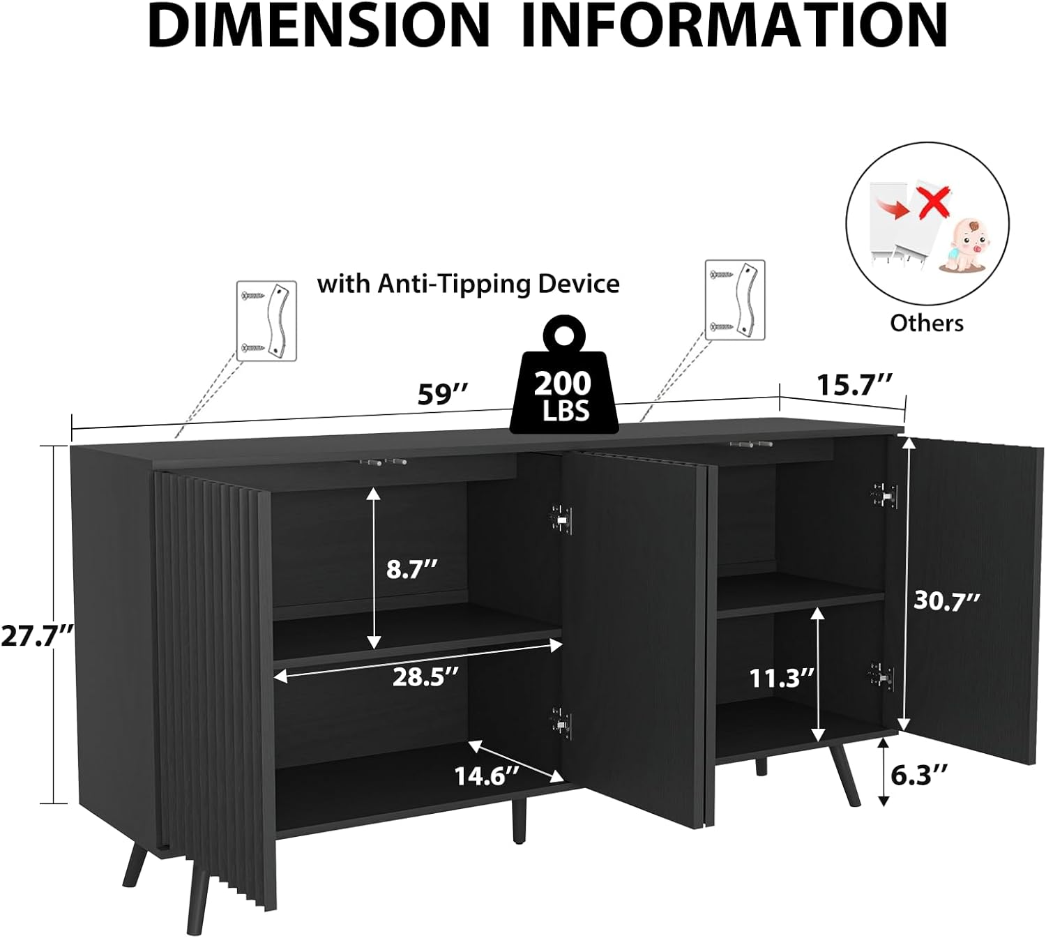 59" Fluted Sideboard Buffet Cabinet with Raised Legs, 4-Door Kitchen Storage Credenza with Adjustable Shelves, Robot Vacuum Friendly Console Table for Living Room Dining Room Hallway, Black