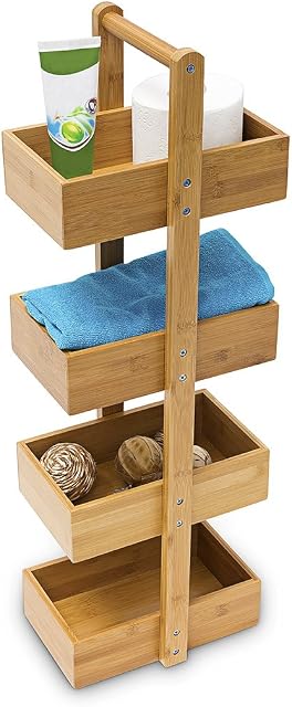 Relaxdays Bamboo Standing Shelf (75 x 25 x 18 cm) 4 Shelves, Bathroom Shelf Unit with 4 Basket Shelves Shower Caddy