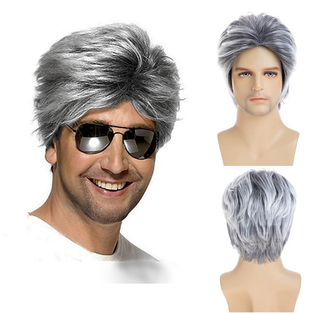 Baruisi 80s Mens Wig Grey Short Wig Synthetic Cosplay Costume Halloween Wigs for Fancy Dress