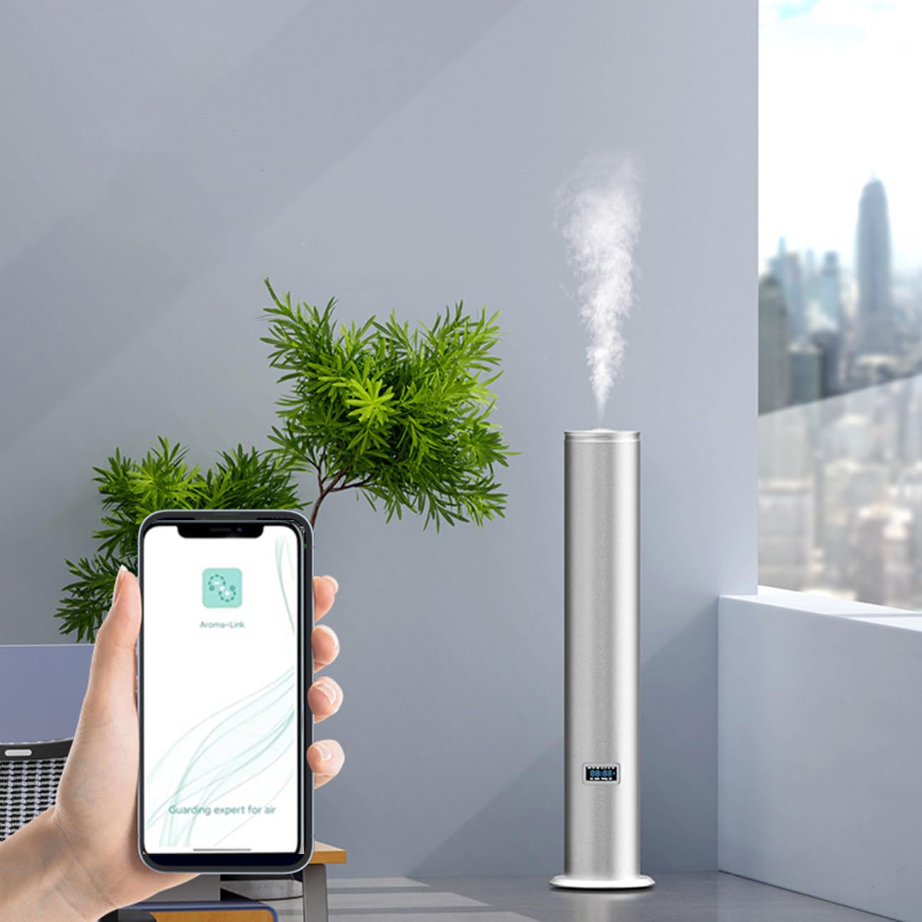 Diffusore di oli essenziali Bluetooth - Cilindrico da pavimento, atomizzazione del fluido, raggio di diffusione di 1500m³, bottiglia di olio da 500ml, lega di alluminio, per grandi uffici,hotel,Silver
