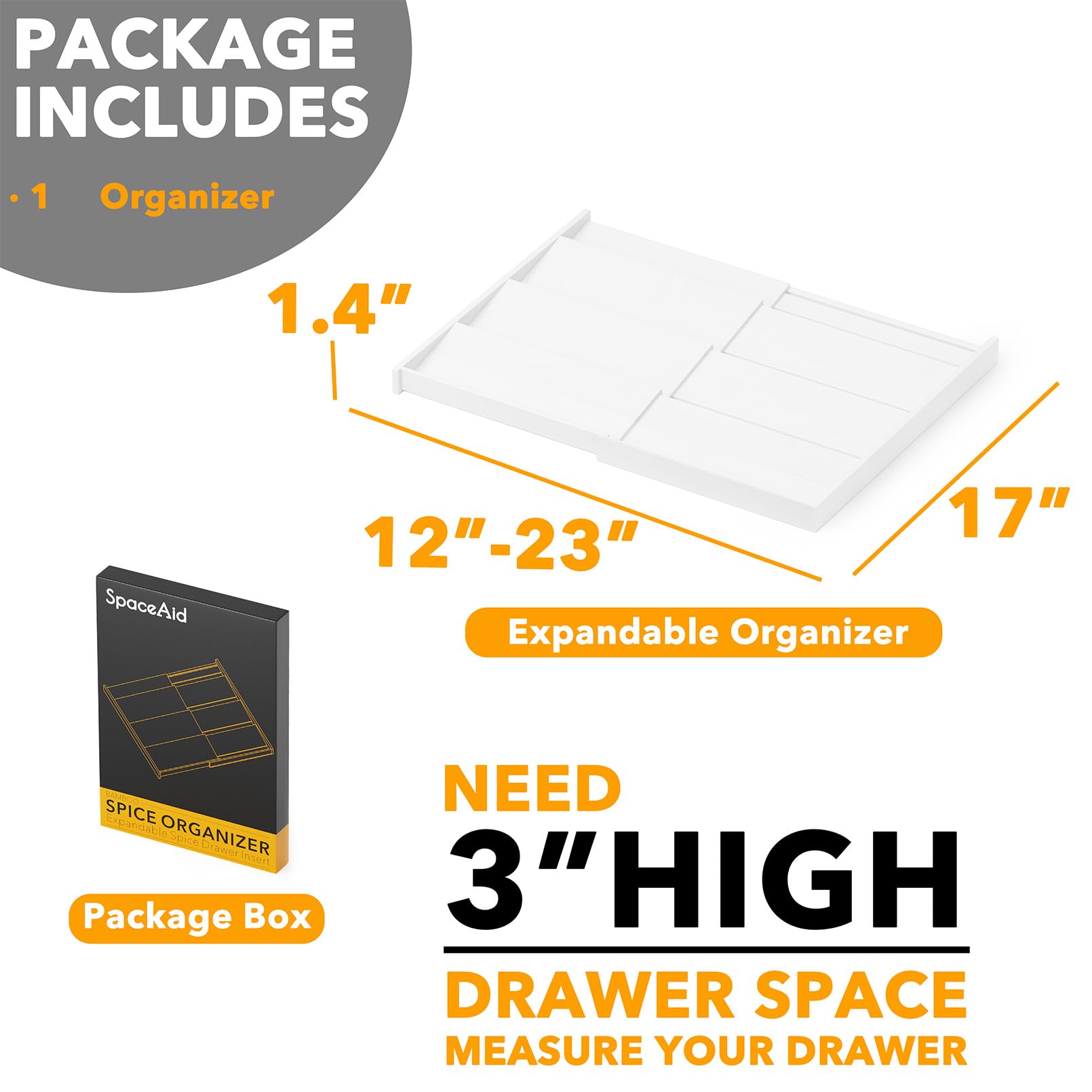 SpaceAid Bambus-Gewürz-Schubladen-Organizer, erweiterbar, 4 Etagen, Gewürzregal für Schrankschublade, Küche, Gewürzaufbewahrung, Schubladeneinsatz (von 30,5 cm bis 58,4 cm breit, weiß)