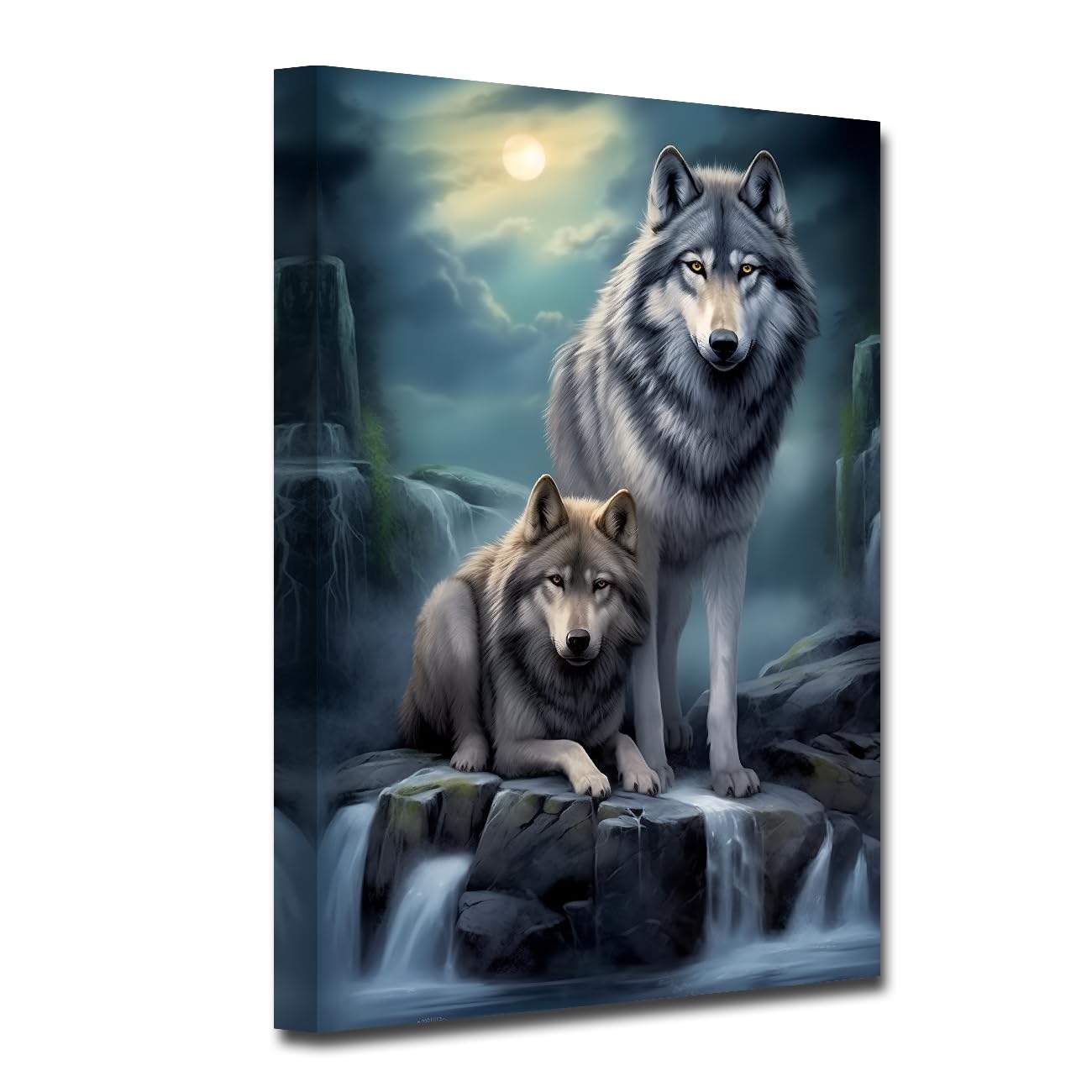CXHOSTENT Wolf Wall Art Wolves in the Mountains Canvas Prints Full Moon Painting Wildlife Landscape Forest Poster for Home Decor Framed (Wolf-1, 30.00 x 45.00 cms)