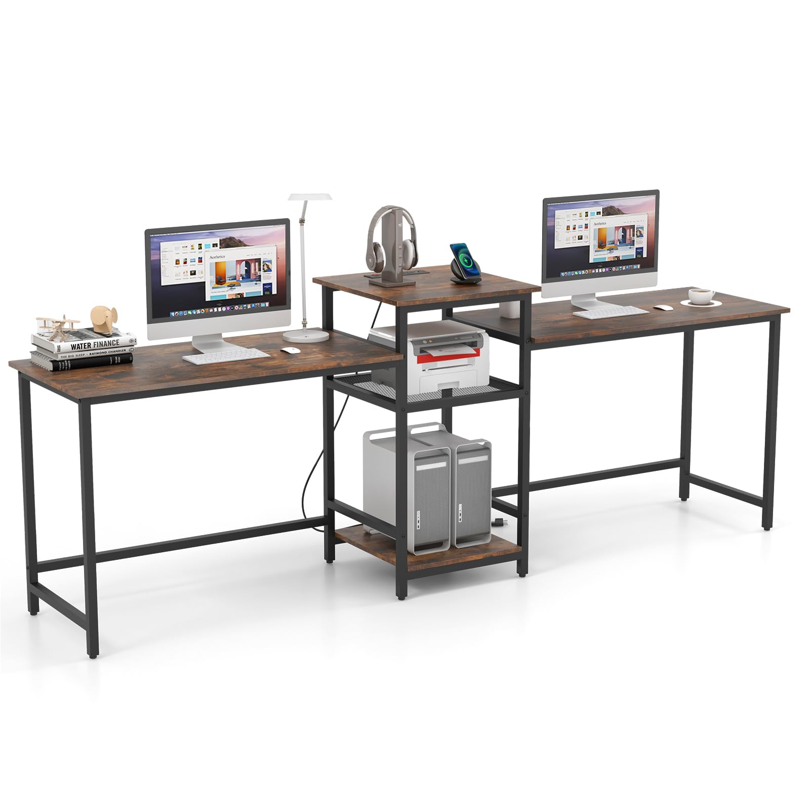 Tangkula 97" Extra Long 2-Person Computer Desk with Power Outlet, Home Office Computer Workstation with Printer Stand, Metal Mesh Shelf & CPU Stand,