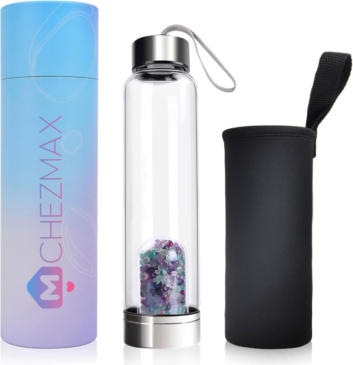 Quartz Glass Bottle with Changeable Natural Crystal Center, Loose Natural Gem Leaf Tea Infuser, Gemstone Elixir Infused Glass Bottle with Protective Sleeve