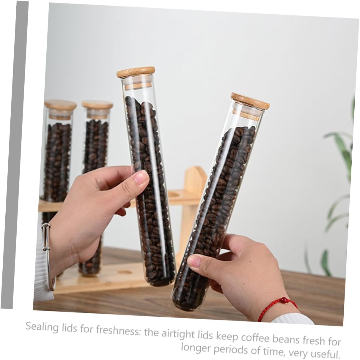 Glass Coffee Bean Storage Tubes with Airtight Sealing Lids and Wooden Display Stand Clear Glass Containers for Freshness Preservation Stylish Coffee Shop Organizer and Refined