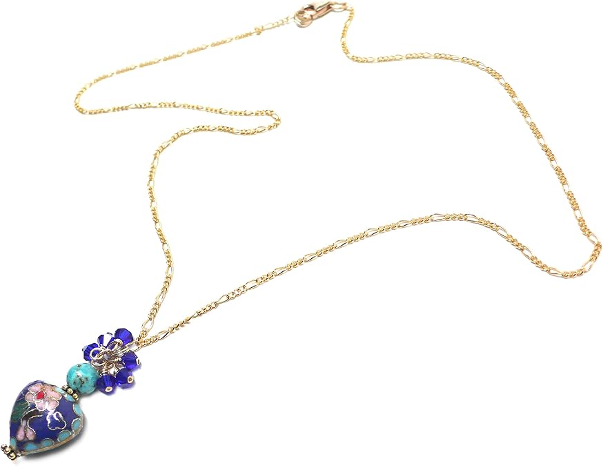 Royal Blue Cloisonne Enamel Heart Chain Necklace Crystal Cluster Drop Turquoise Gold-Filled or Sterling
