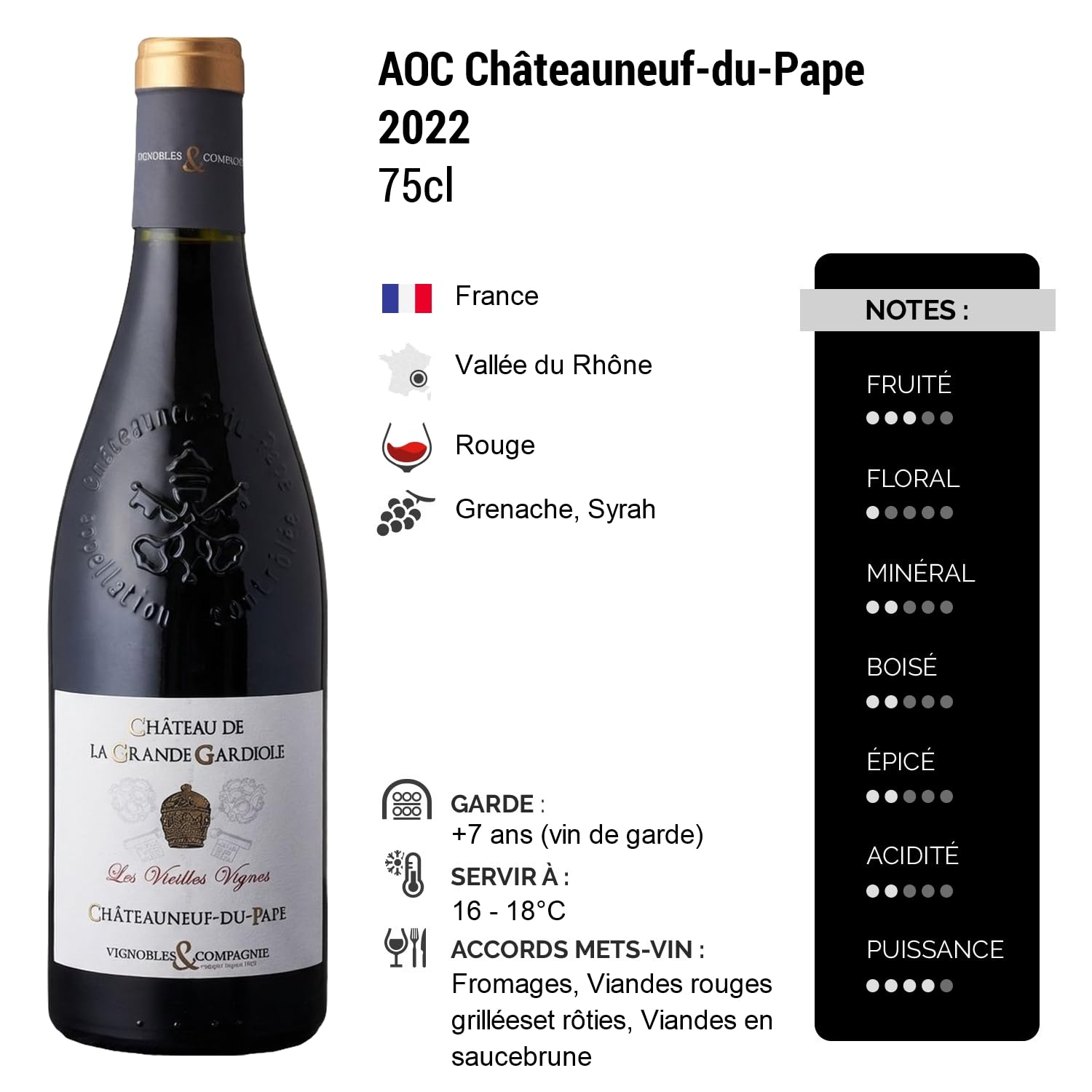 Châteauneuf-du-Pape Les Vieilles Vignes Vignobles & Compagnie - Rouge 2022 - Château de la Grande Gardiole - Vin Rouge de la Vallée du Rhône (3x75cl) HVE