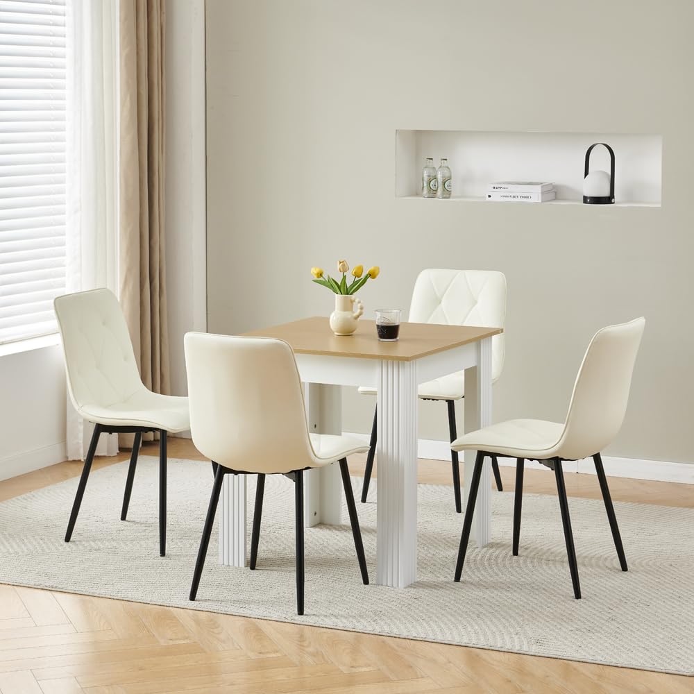 Homullel 75x75 cm Small Dining Table and Chairs, Seater Table and Chairs Set Kitchen Dining Room Set, Compact, Space Saving, Wooden Tabletop Maple (PU Lvory, Maple Tabletop with 4 Seats)