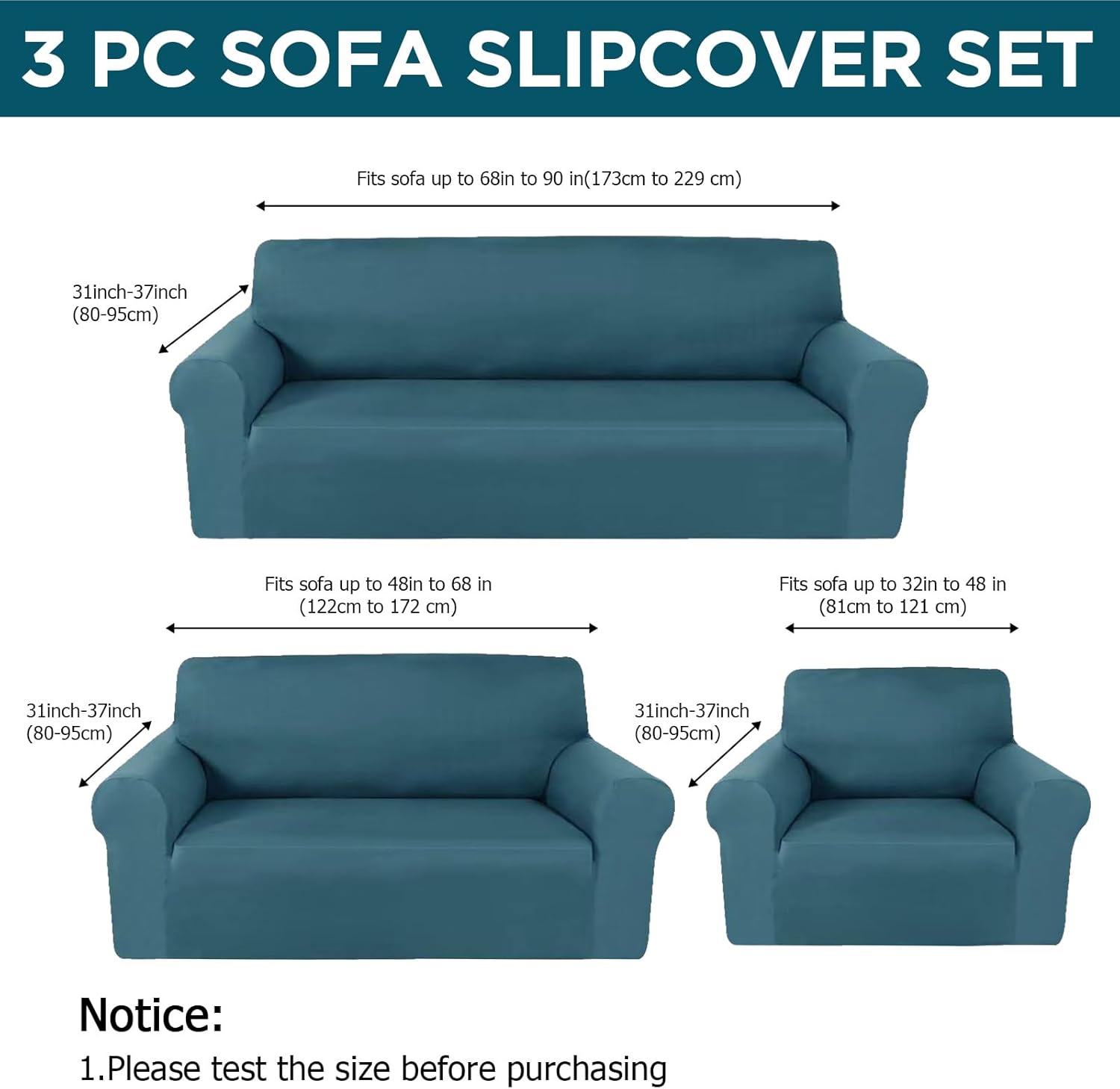 Peryiter 3 Pcs Slipcover Set for Couch Furniture Covers for Sofa Loveseat Couch Arm Chair, Form Fit Stretch, Wrinkle Free, Furniture Protector(Peacock Blue,Milk Silk Spandex) thumbnail