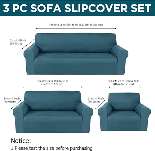 Miniatura 2 de Peryiter Juego de 3 fundas para muebles de sofá, sofá biplaza, sillón y silla, ajuste elástico, sin arrugas, protector de muebles (azul pavo real,