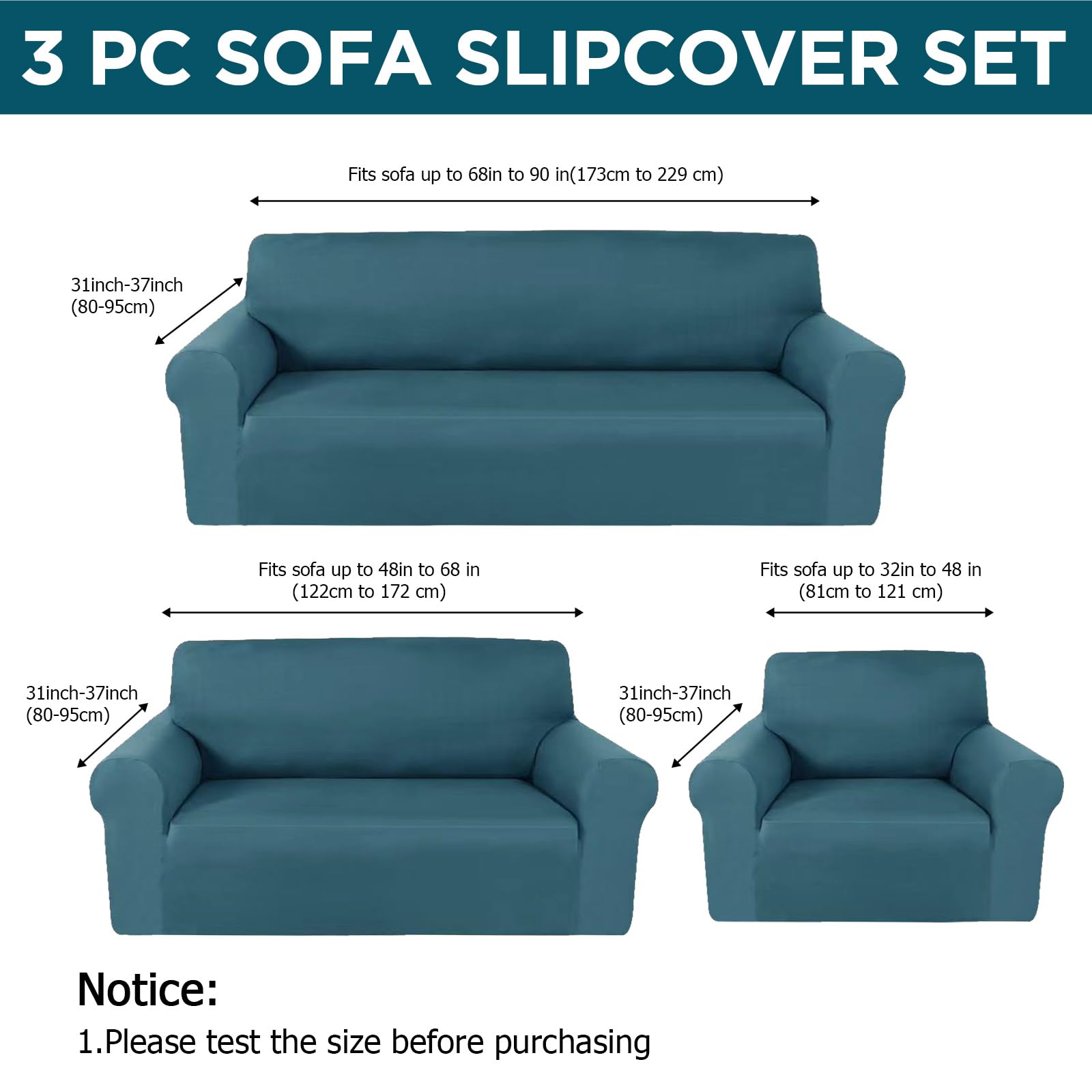 Peryiter 3 Pcs Slipcover Set for Couch Furniture Covers for Sofa Loveseat Couch Arm Chair, Form Fit Stretch, Wrinkle Free, Furniture Protector(Peacock Blue,Milk Silk Spandex)
