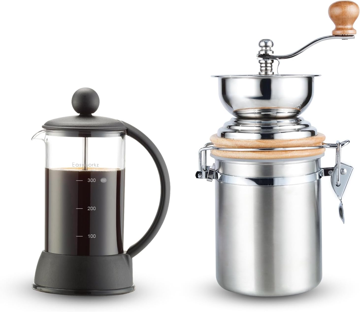 Easyworkz Eclipse French Press 12 oz, Bundled Manual Coffee Grinder with Airtight Canister