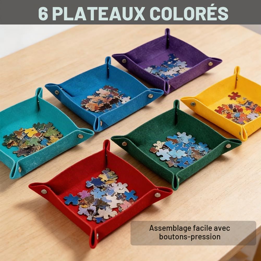 Planche à puzzle et table de puzzle 1000 pièces – Planche à puzzle inclinable avec 6 compartiments de tri colorés, support et couvercle 2 en 1, plateau de tapis de puzzle léger en feutre
