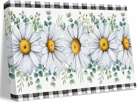 Canvas Wall Art - Pastoral Daisy Flower Framed Wall Decor Canvas Painting Prints, Rustic Eucalyptus Leaf Buffalo Check Picture Oil Painting Artwork for Bedroom Living Room Office 24"x48"