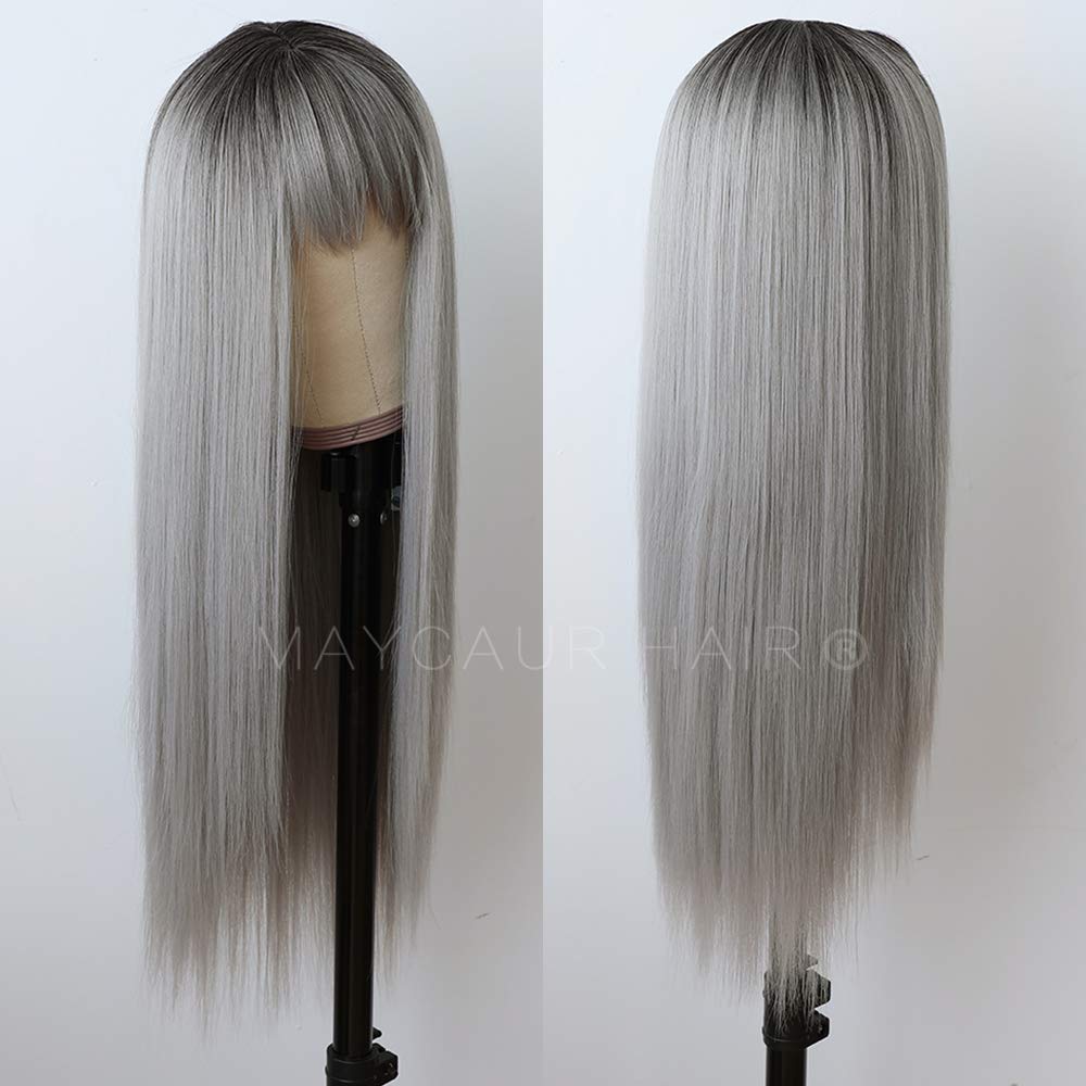 Maycaur Grey Color Synthetic Hair Wigs with Full Bangs Black Gray Ombre Color Long Straight Women's Wig Heat Resistant Hair Synthetic No Lace Wigs for Fashion Women - Image 4