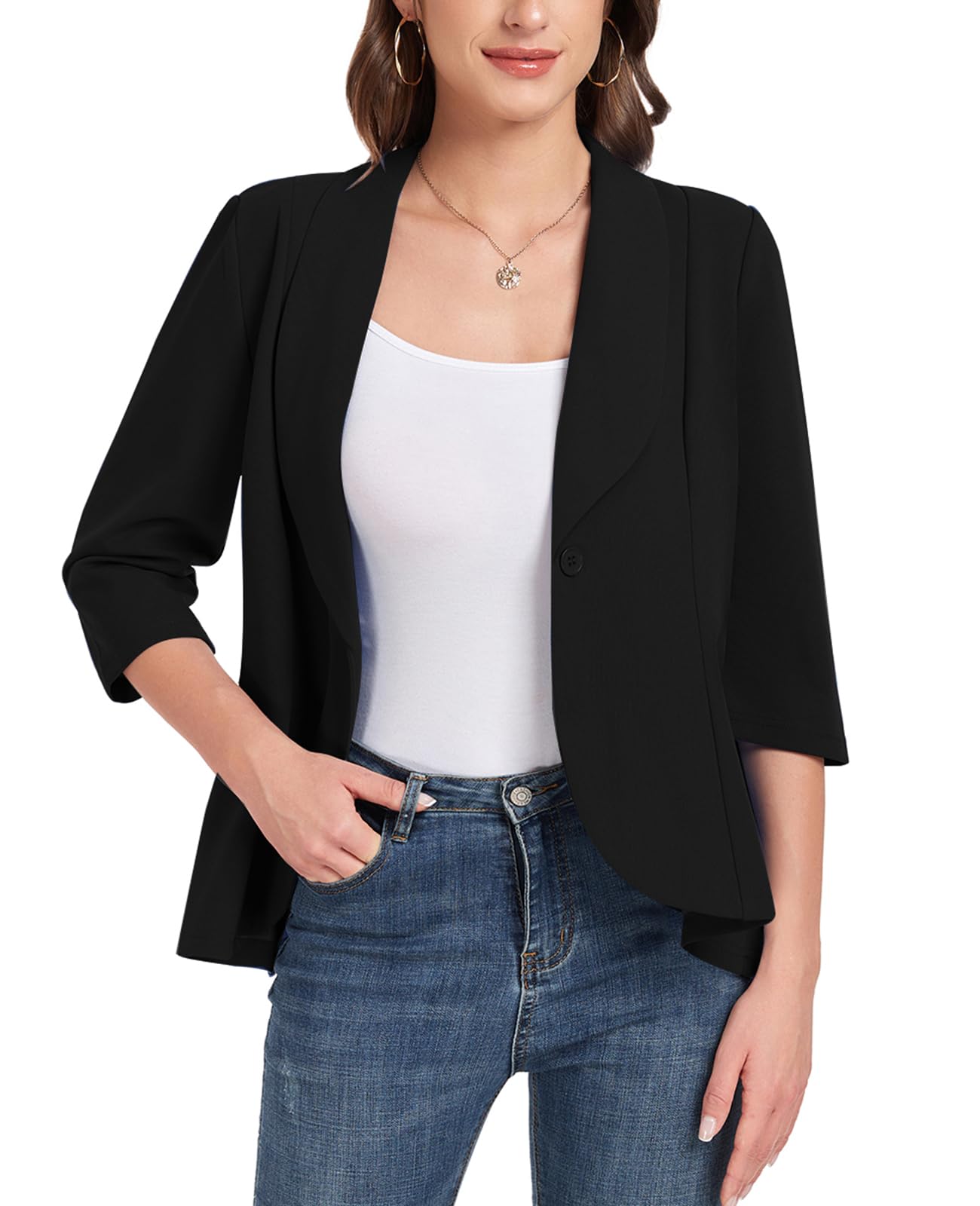 Blazer für Damen, 3/4-Ärmel, vorne offen, Blazer, Knopf, Schalkragen, Damenjacken, Arbeit, Büro, Blazer, Jacken