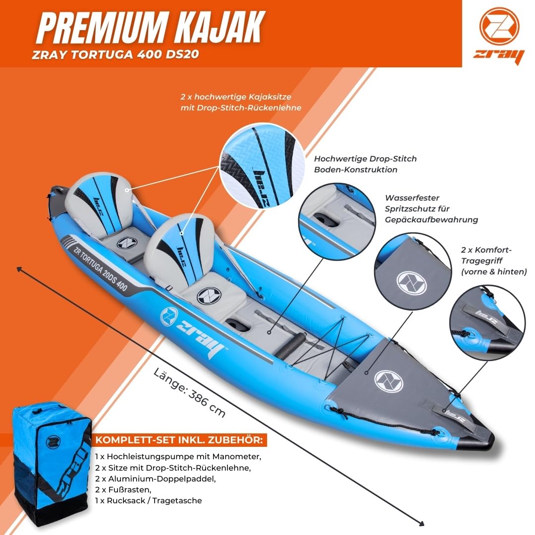 ZRAY Kit kayak de qualité supérieure, pour 2 personnes, Tortuga 400 DS20 (Drop-Stitch sol/sièges)