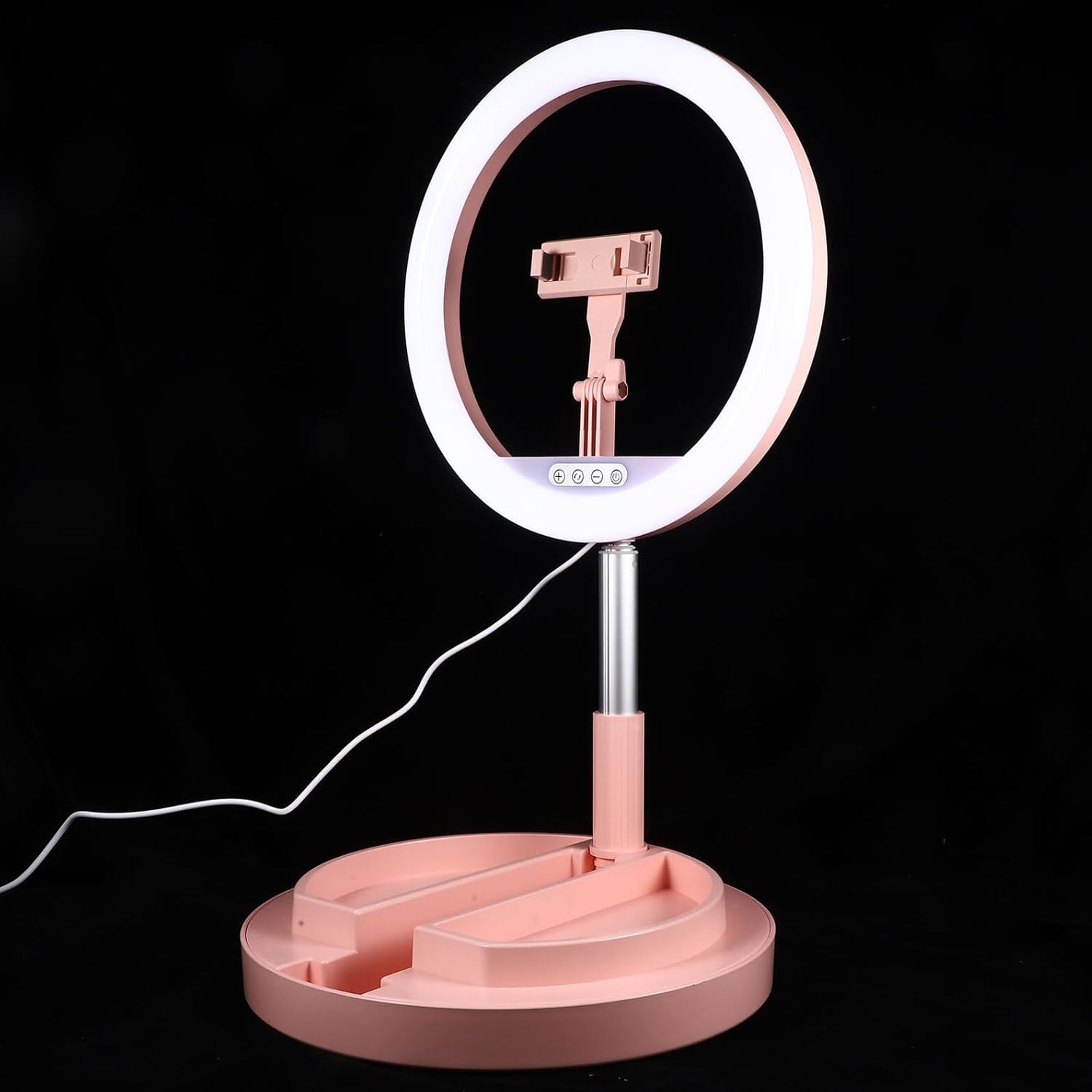 Foldable LED Ring Light with Mobile Phone Holder, Gentle Glow Lamp with Adjustable Three-Color Dimmable Fill Light, Eye Protection for Live Streaming and Video Recording, Pink