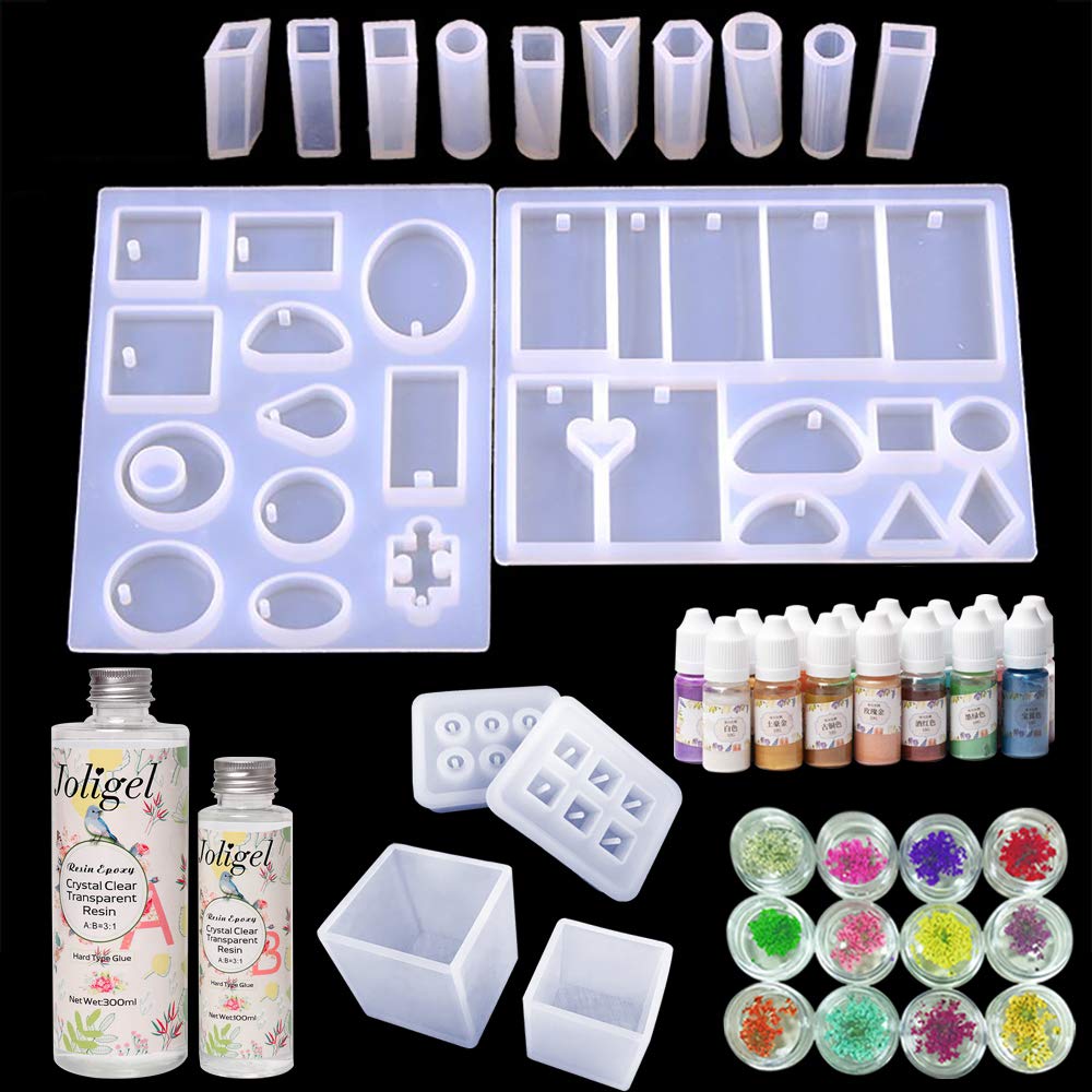 Joligel AB Resina epossidica Bi-componente Crystal Clear Trasparente Per Creazione di gioielli 16 Stampi in silicone Ciondoli Cubes 15 Perlatura Shimmer Pigmento Colori 12 Fiori secchi