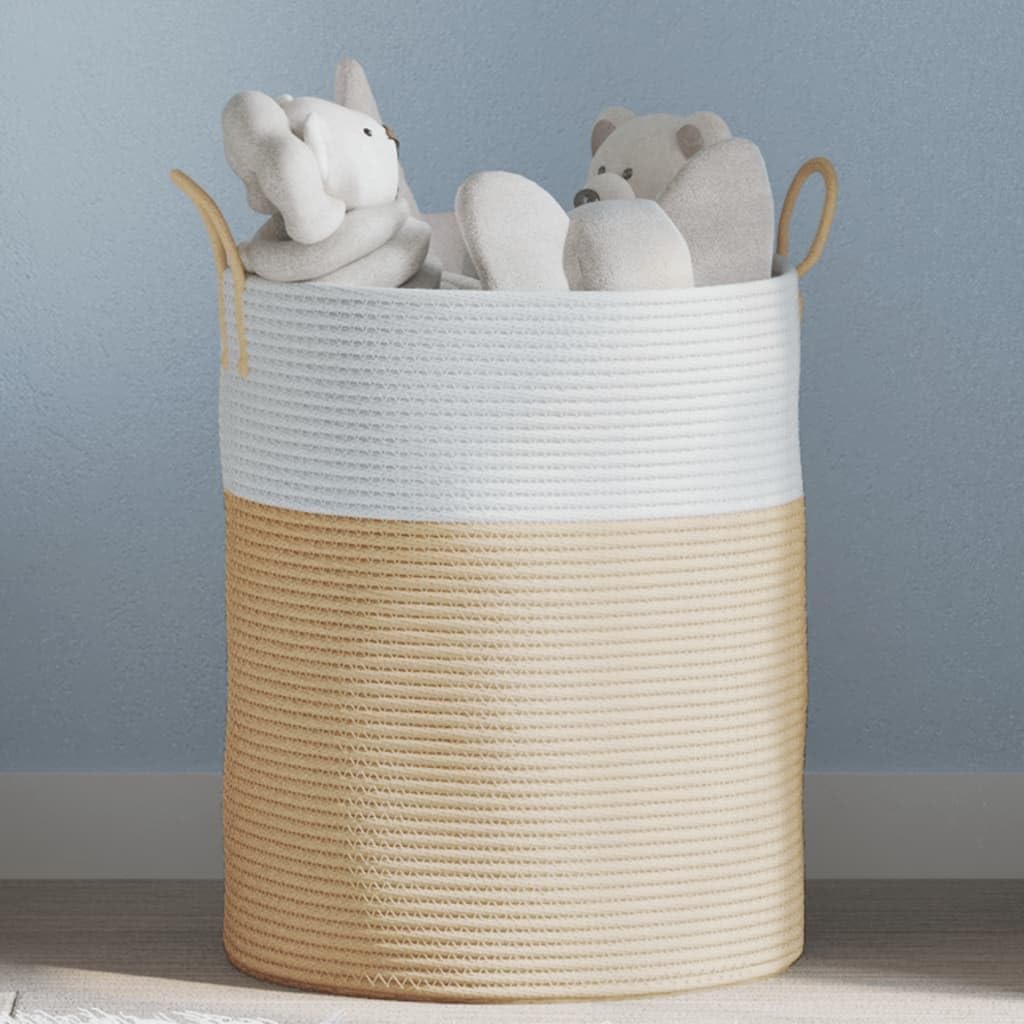Mangloder Aufbewahrungskorb Beige und Weiß Ø38 x 46 cm Baumwolle, geflochten, faltbar, Organizer für Wäsche, Spielzeug, Wohnzimmer, Schlafzimmer, Bad, Kinderzimmer, Regal, Schrank